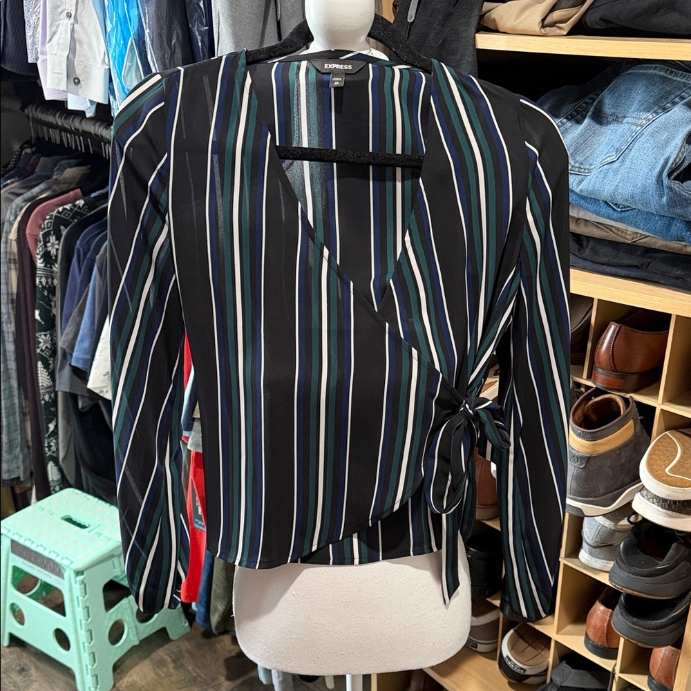 Express Black and Green Striped Wrap Blouse Top